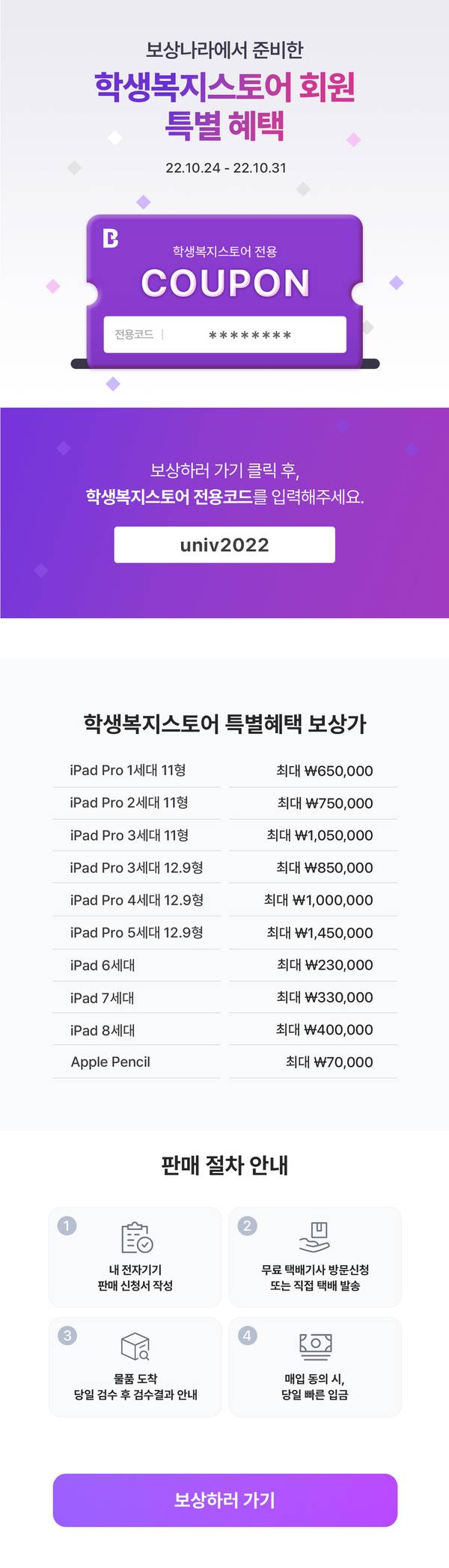 10월 보상나라 학생복지스토어 회원 대상 쿠폰 및 iPad Pro·Apple Pencil 등 Apple 제품 보상 혜택 안내