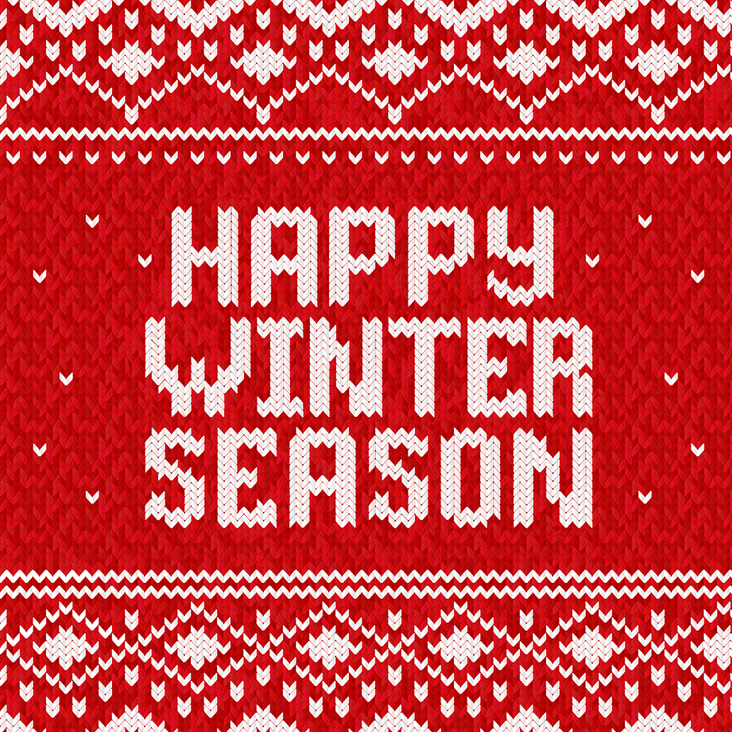 겨울 니트 패턴 배경에 'Happy Winter Season' 텍스트를 표시한 12월 테마전 배너
