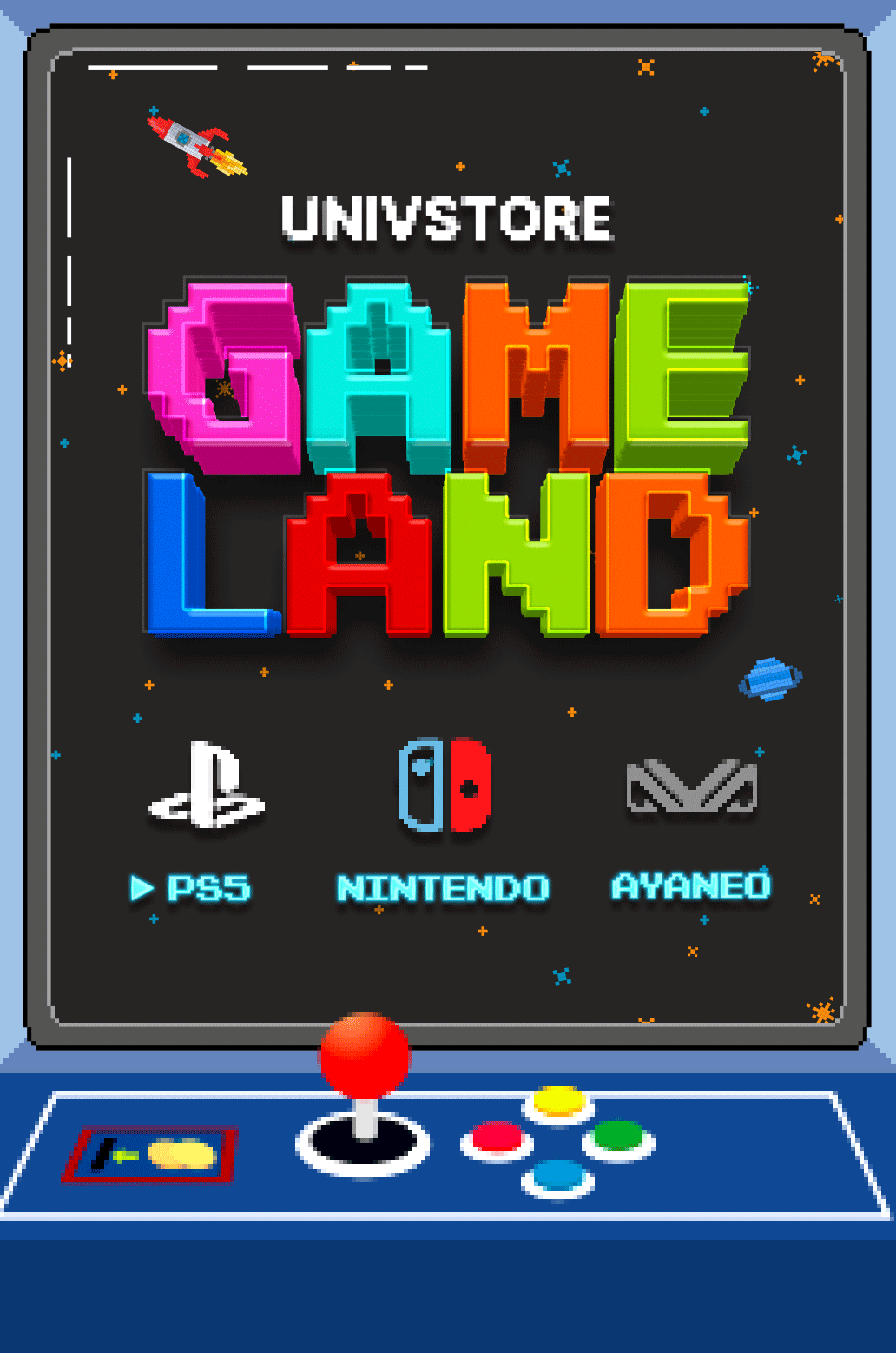 PS5, 닌텐도, Ayaneo 등 게임기를 다루는 게임랜드 이벤트를 안내하는 레트로 아케이드 게임 화면 디자인 배너.