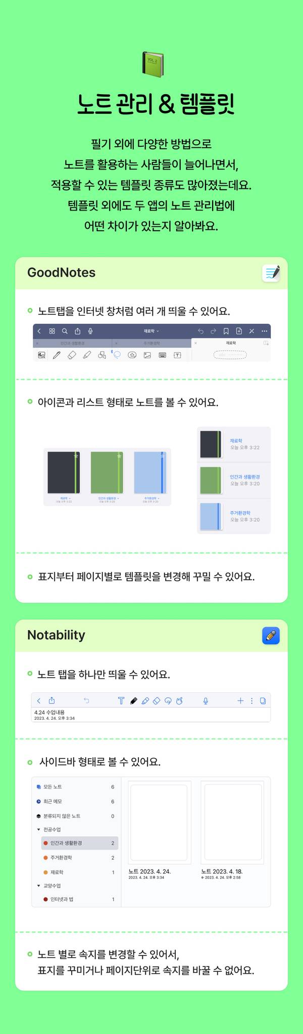 GoodNotes와 Notability의 노트 관리 기능 및 템플릿 옵션 비교 안내
