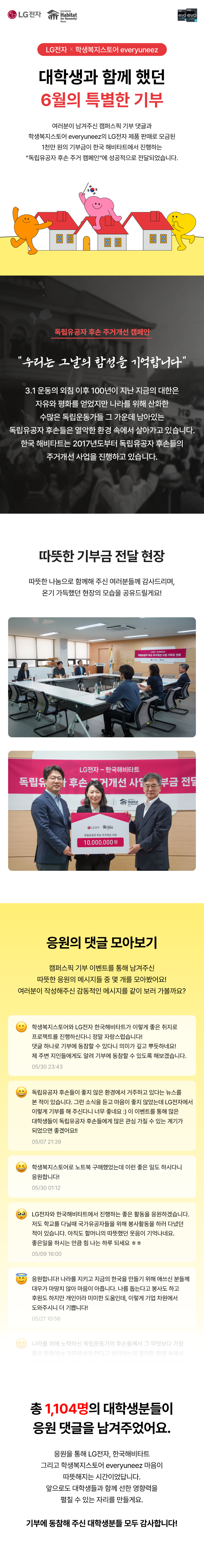 LG와 위풍푸드스쿨이 협력해 대학생과 함께 추진한 6명 대상의 기부 프로젝트 및 기부금 전달 내용 소개.