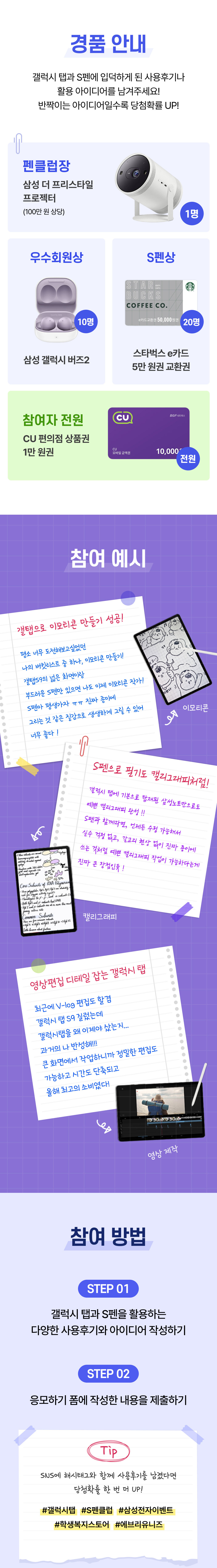 삼성 갤럭시탭 S펜클럽 공모전의 펜클럽장·우수창작상·S펜상·참여자 전원 경품으로 갤럭시탭 프로젝터, 갤럭시버즈2, 케이스, CU 상품권을 안내하는 경품 설명 섹션.