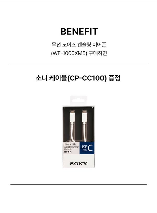 소니 무선 노이즈 캔슬링 이어폰 구매 시 USB Type-C 케이블을 증정하는 브랜드위크 프로모션 안내.