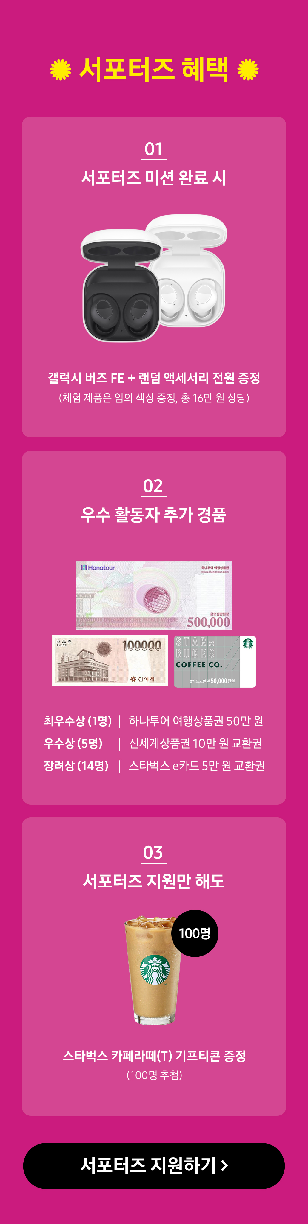 서포터즈 혜택 안내로 갤럭시 버즈 FE 완료 미션 지원, 우수 활동자 상품권 경품 제공, 지원만으로도 스타벅스 기프티콘 증정 내용을 소개하는 배너.