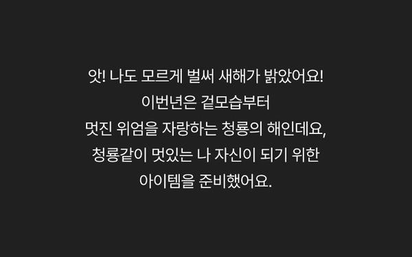 신년기획전에서 청룡의 해를 맞아 새로운 시작을 위한 아이템 추천을 안내하는 배너