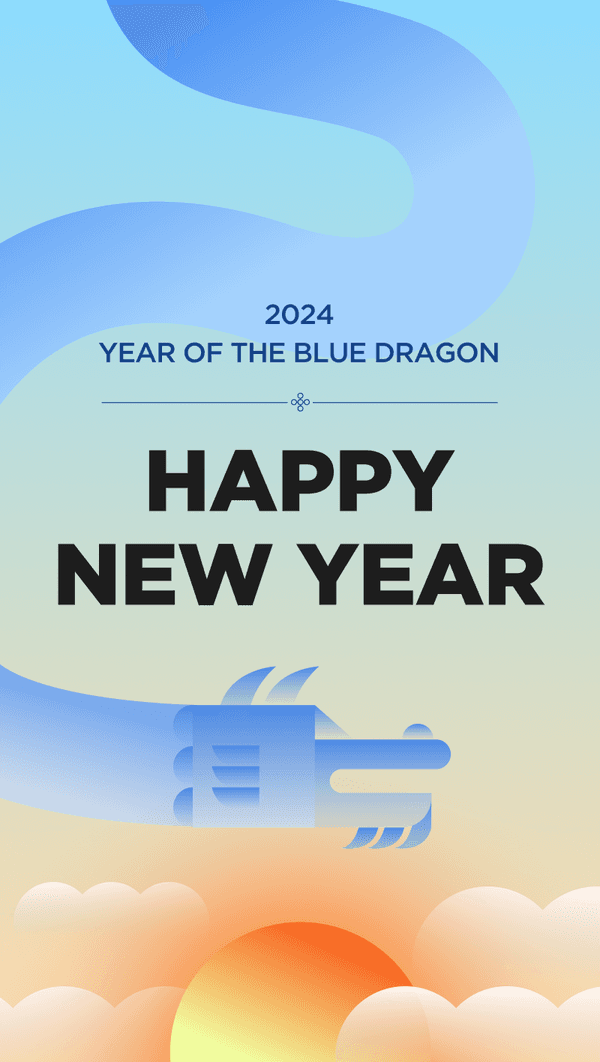 2024년 청룡의 해를 맞이하는 신년 축하 인사 배너, 파란색 용 일러스트와 해가 떠오르는 풍경 표현