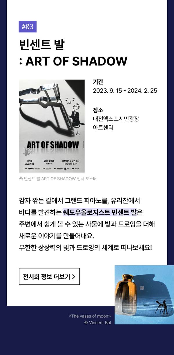 빈센트 발 작가의 '아트 오브 섀도우' 전시 안내로, 9월부터 2월까지 대전엑스포시민광장 아트센터에서 개최되는 그림자 미술 전시 소개.