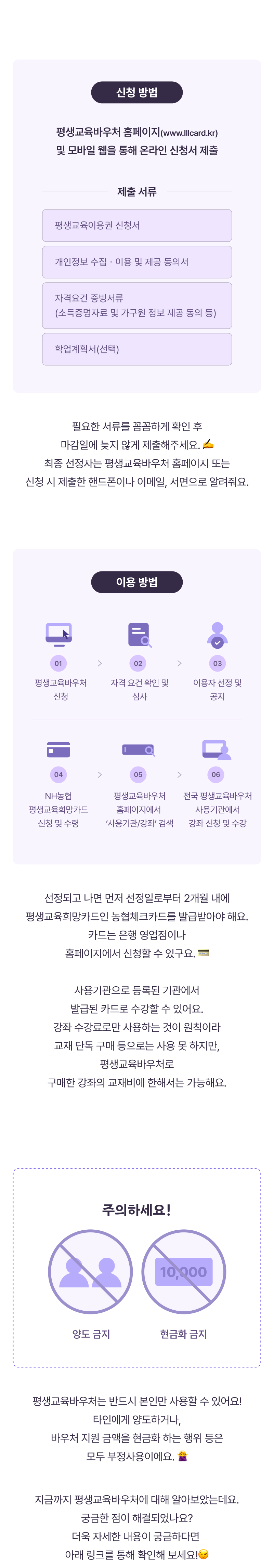 평생교육바우처 신청 및 이용 방법을 단계별로 안내하는 페이지로, 필요 서류, 6단계 이용 절차, 주의사항을 포함.