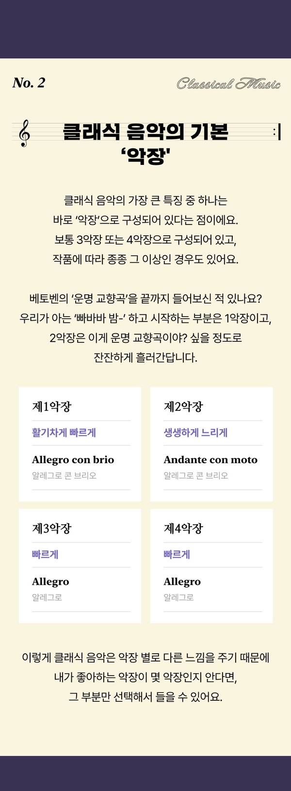 클래식 음악의 기본 구조인 악장의 정의와 특징, 1악장부터 4악장까지의 음악 형식과 템포 표시를 설명하는 교육 자료
