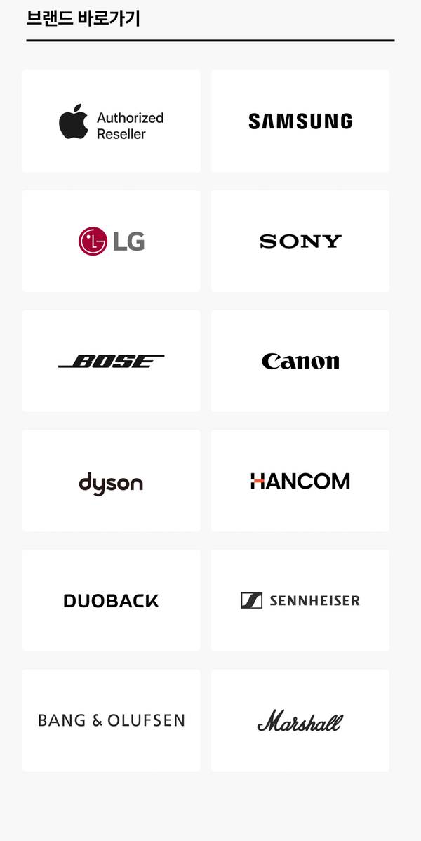 Apple, Samsung, LG, Sony, Bose, Canon, Dyson, Hancom, Duoback, Sennheiser, Bang & Olufsen, Marshall 등 주요 브랜드 로고를 모아 제시한 브랜드별