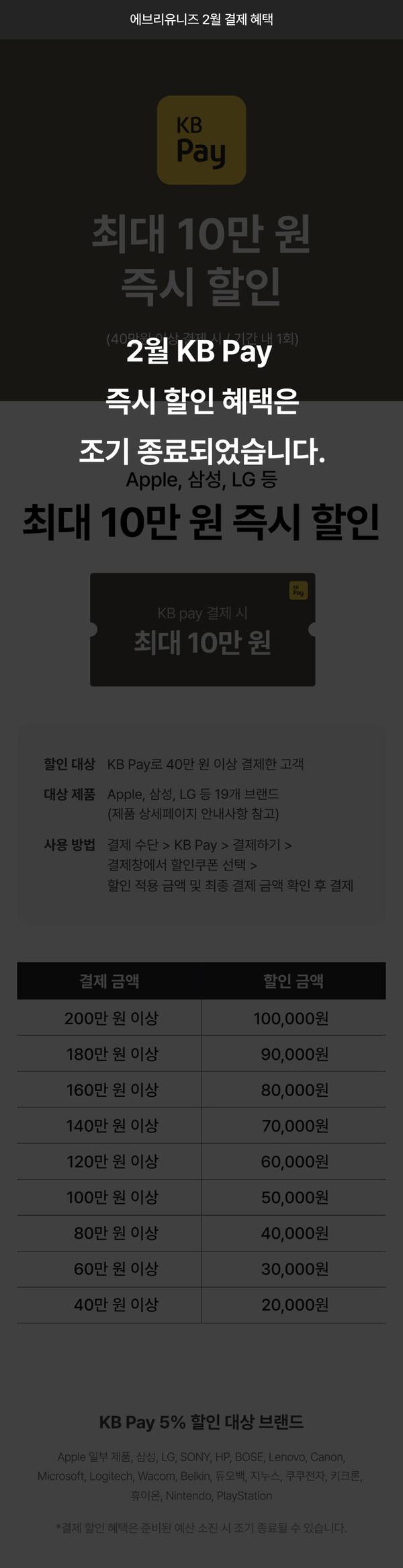 KB Pay 2월 결제혜택 안내로 최대 10만 원 즉시 할인과 할인 대상 제품, 할인 금액별 기준 정보 제시
