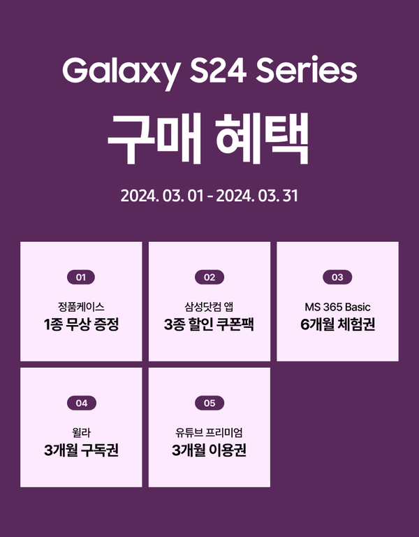 갤럭시 S24 시리즈 구매 시 정품케이스, 삼성 앱 할인쿠폰, MS 365 Basic, 월라 구독권, 유튜브 프리미엄 등 다섯 가지 혜택을 안내하는 이벤트 페이지.