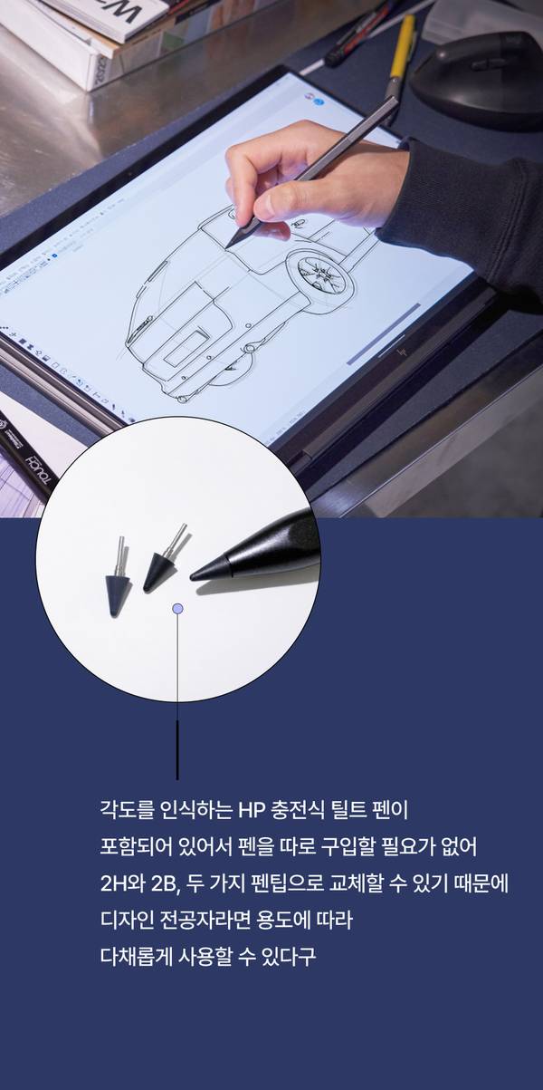 HP 스펙터 x360에 포함된 충전식 틸트 펜의 기능과 교체 가능한 펜팁 구성 안내