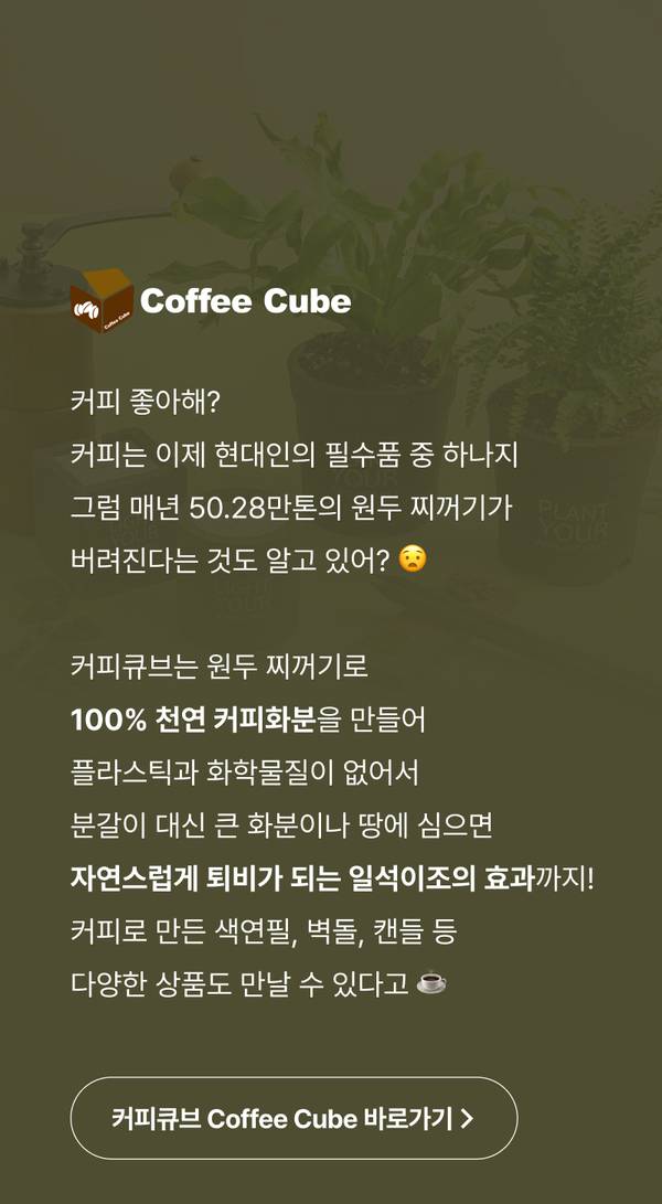 Coffee Cube 브랜드의 커피 원두 찌꺼기로 만든 천연 커피화분 제품과 지속 가능한 업사이클링 가치 안내.