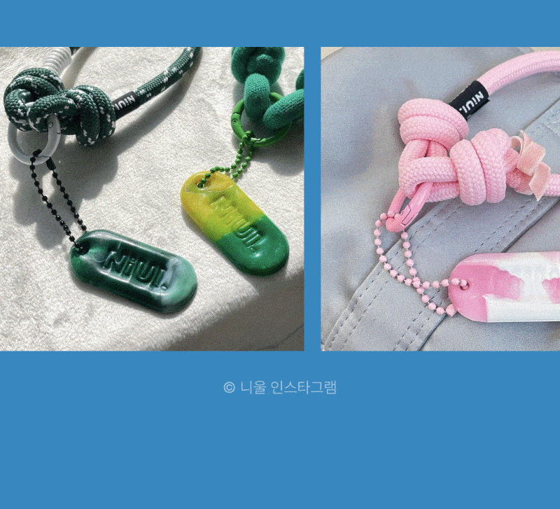 초록색과 노란색, 분홍색으로 제작된 재활용 악세서리들을 선보이는 이미지로, 니들 브랜드의 업사이클링 제품 소개.