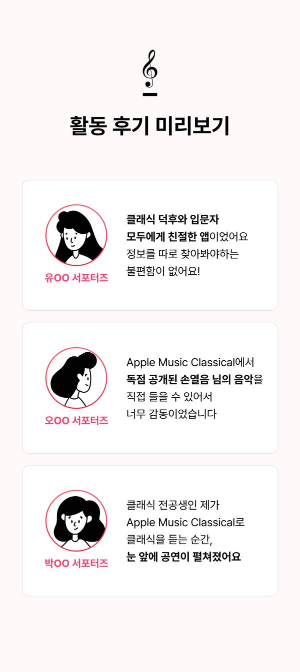 Apple Music Classical 서포터즈 활동 후기를 공유하는 대학생 세 명의 리뷰 모음.