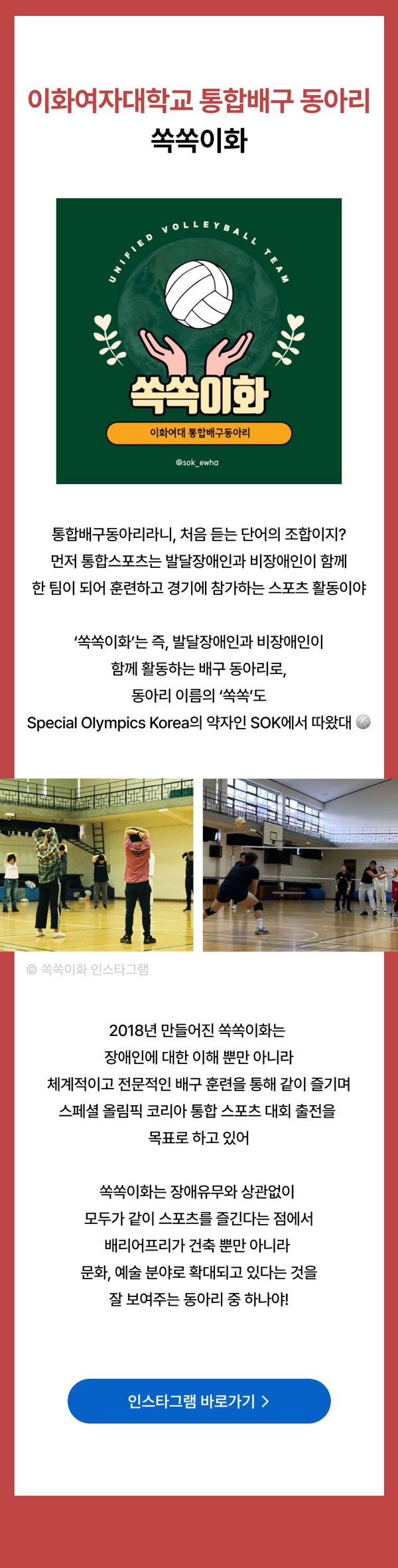 이화여자대학교 통합배구 동아리 '쏙쏙이화'의 팀 소개 및 활동 안내. 배구공과 손 일러스트가 담긴 팀 로고, 실내 배구 코트에서 활동하는 모습 사진, 장애인과 비장애인의 통합 스포츠 활동 목표 설명.