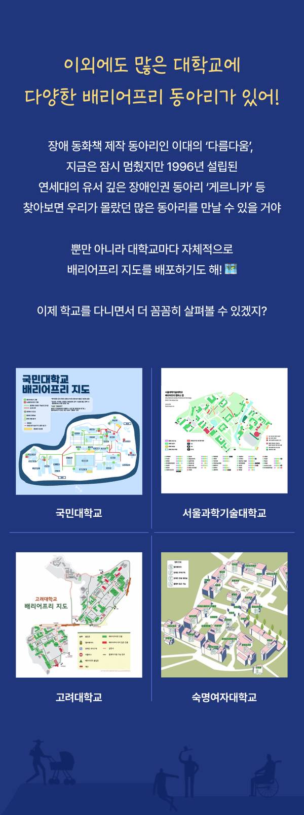 대학교 캠퍼스 내 배리어프리 관련 동아리와 캠퍼스 접근성 지도를 제공하는 국민대, 서울과학기술대, 고려대, 숙명여대의 배리어프리 지도 안내.