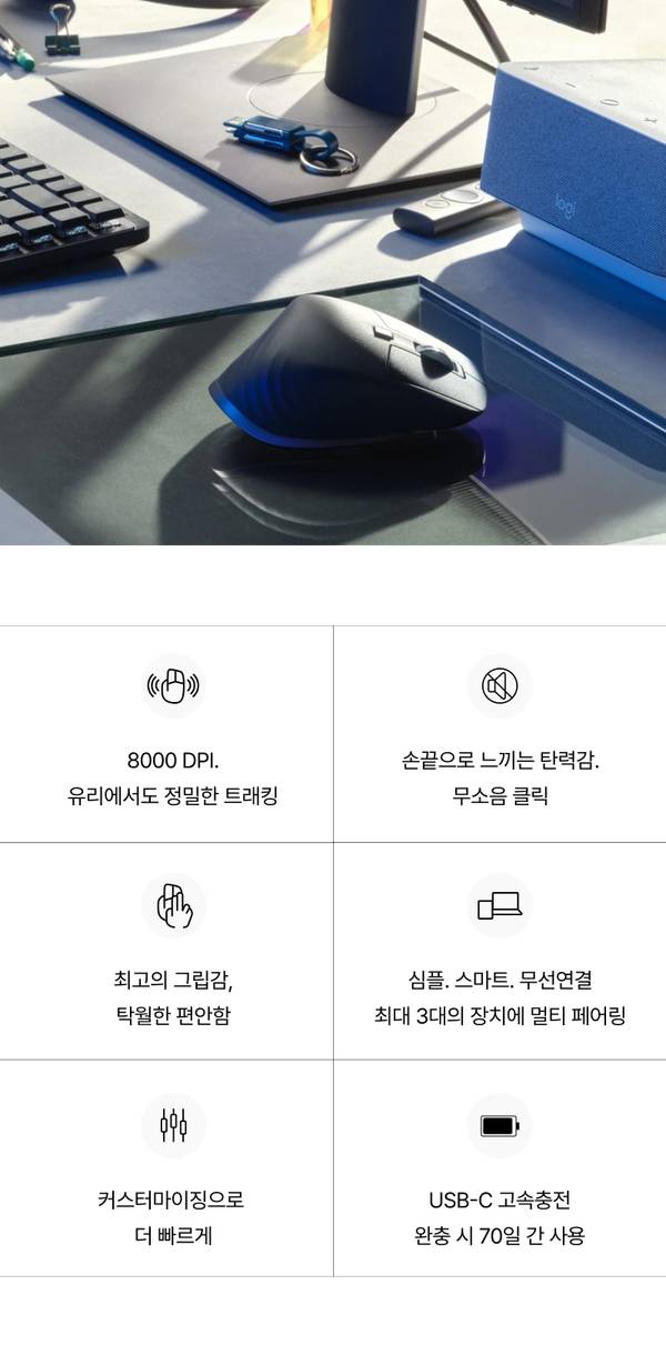 로지텍 무선 마우스의 블루 톤 디자인과 함께 8000DPI 정밀도, 무소음 클릭, 다중 기기 연결, USB-C 충전 등 주요 기능을 나타내는 아이콘과 설명글 표시.
