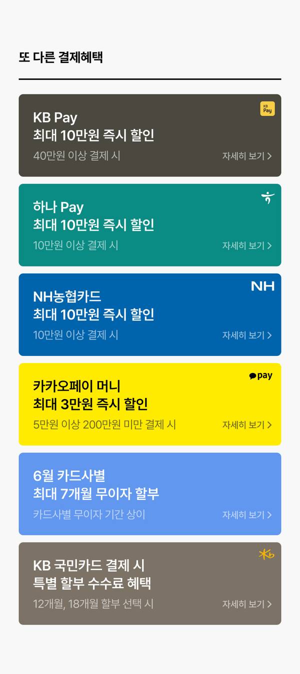 KB Pay, 하나 Pay, NH농협카드, 카카오페이 머니 등 다양한 결제 수단별 할인 및 무이자 할부 혜택 안내.