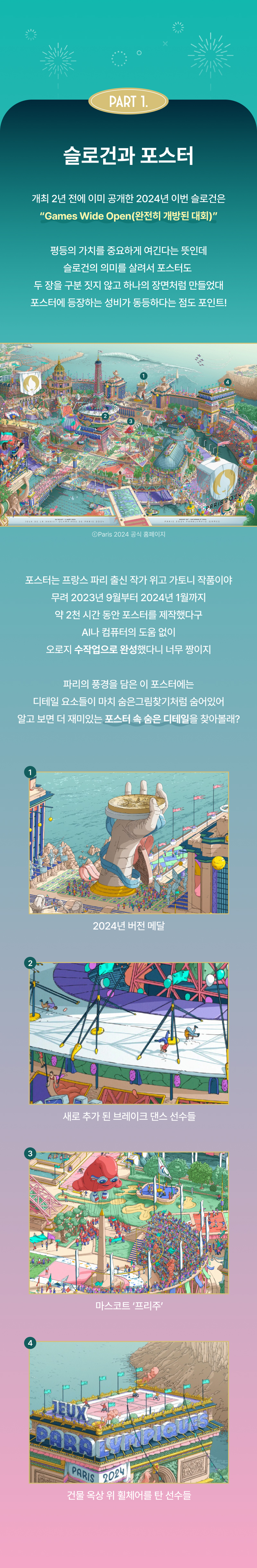 2024 파리 올림픽 'Games Wide Open' 주제의 공식 포스터 시리즈, 파리 명소와 스포츠 경기장이 담긴 일러스트로 네 가지 버전 안내.