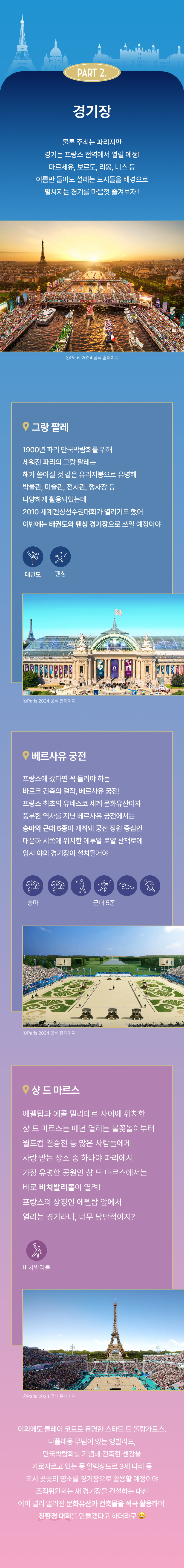파리 올림픽 2024 주요 경기장 위치, 건축 양식, 개최 종목을 소개하는 가이드 페이지