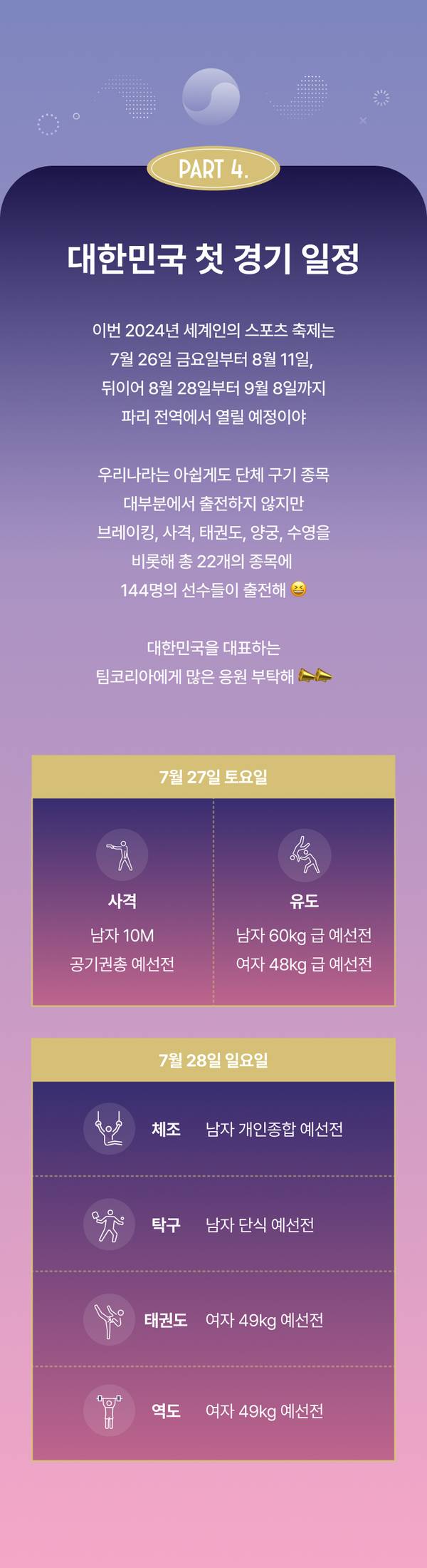 파리 올림픽 대한민국 첫 경기 일정으로 7월 27일 사격과 유도, 7월 28일 체조·탁구·태권도·역도 종목별 예선 경기 안내.