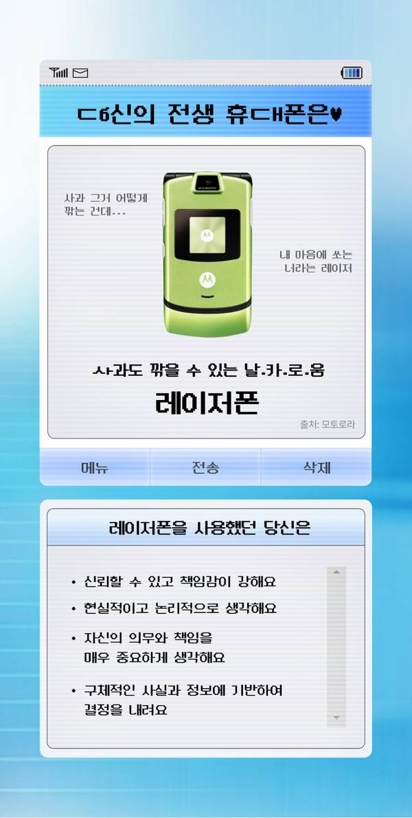 모토로라 라이저폰 제품 이미지와 ISTJ 성향 사용자 특성을 설명하는 휴대폰 구매 가이드.