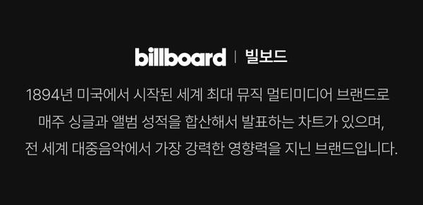 빌보드 브랜드 소개 텍스트. 1894년 미국 설립 이후 세계 음악 차트의 권위자로서 대중음악 산업에 미치는 영향력을 설명.