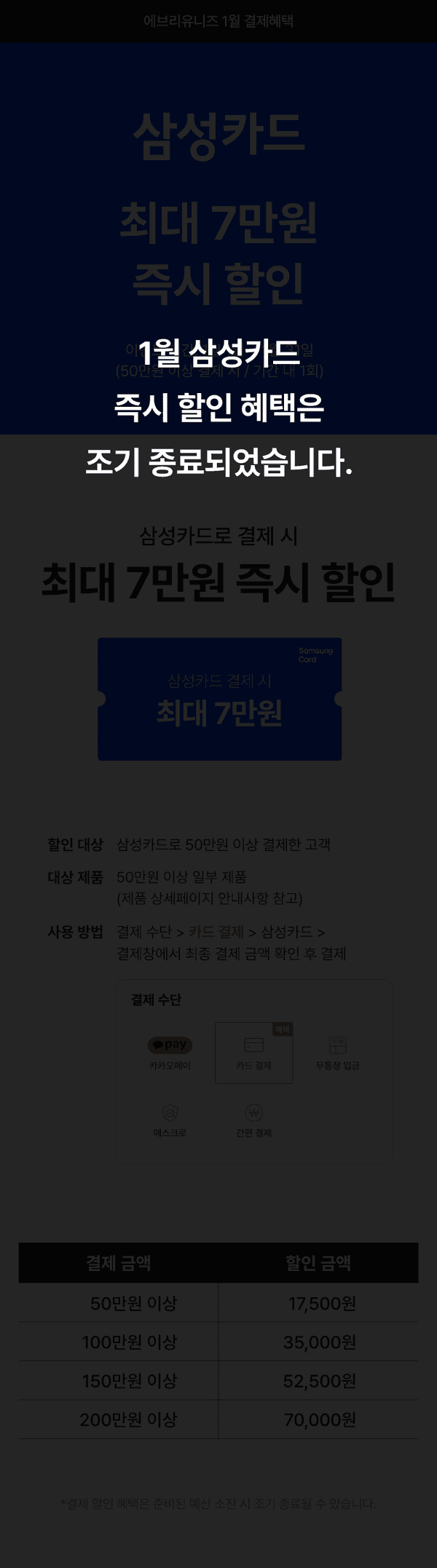 삼성카드 결제 시 최대 7만원 즉시 할인 혜택을 안내하는 이벤트 페이지