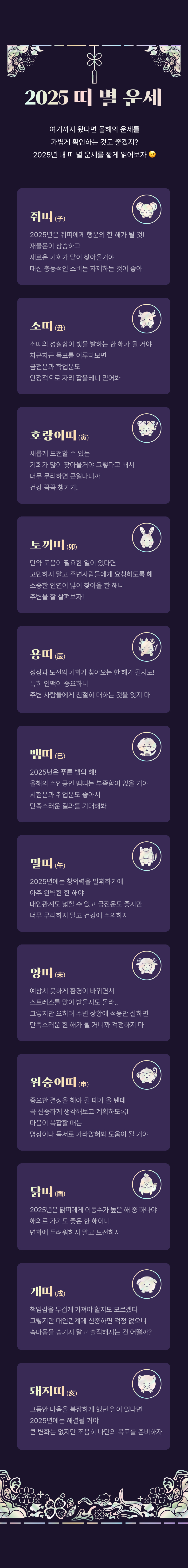 2025년 12개 별자리의 운세를 운, 재운, 애정운 등으로 구분하여 소개하는 콘텐츠