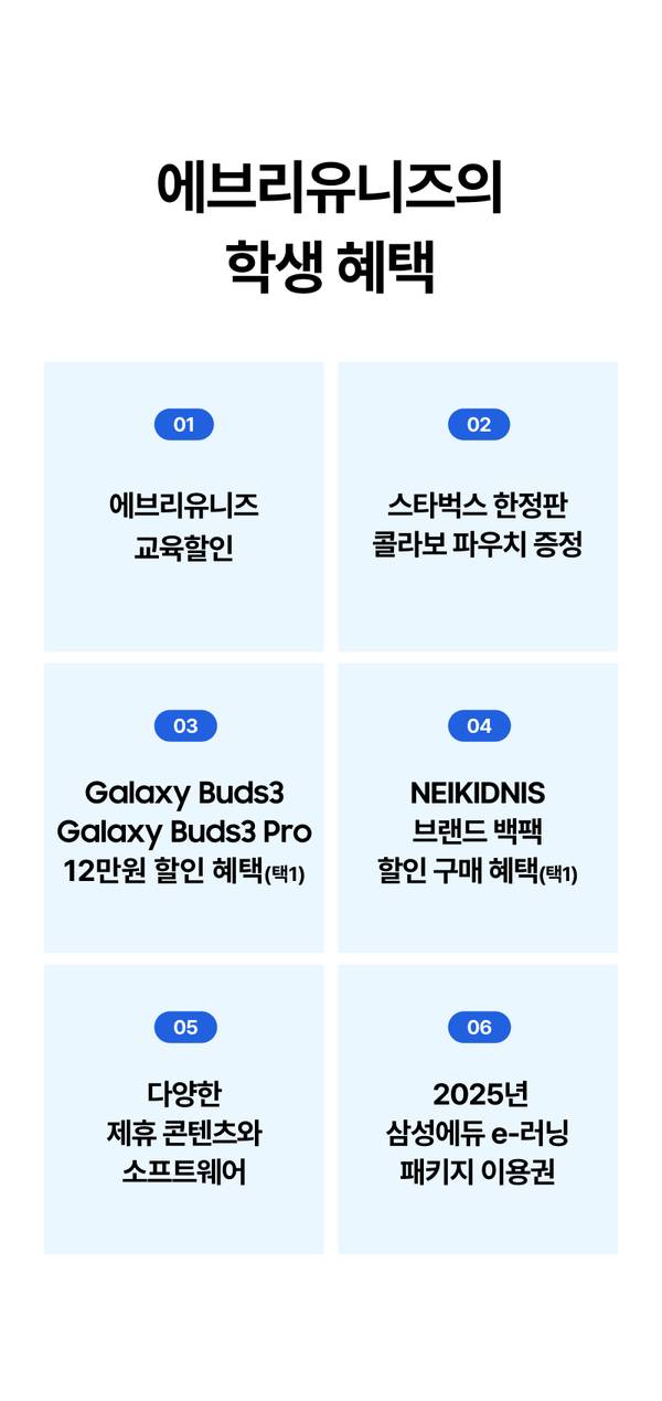에브리유니즈 학생 혜택 안내로 교육할인, 제휴사 할인 구매, Galaxy Buds3 할인, 콘텐츠 제공, e-러닝 패키지 등 6가지 혜택 소개