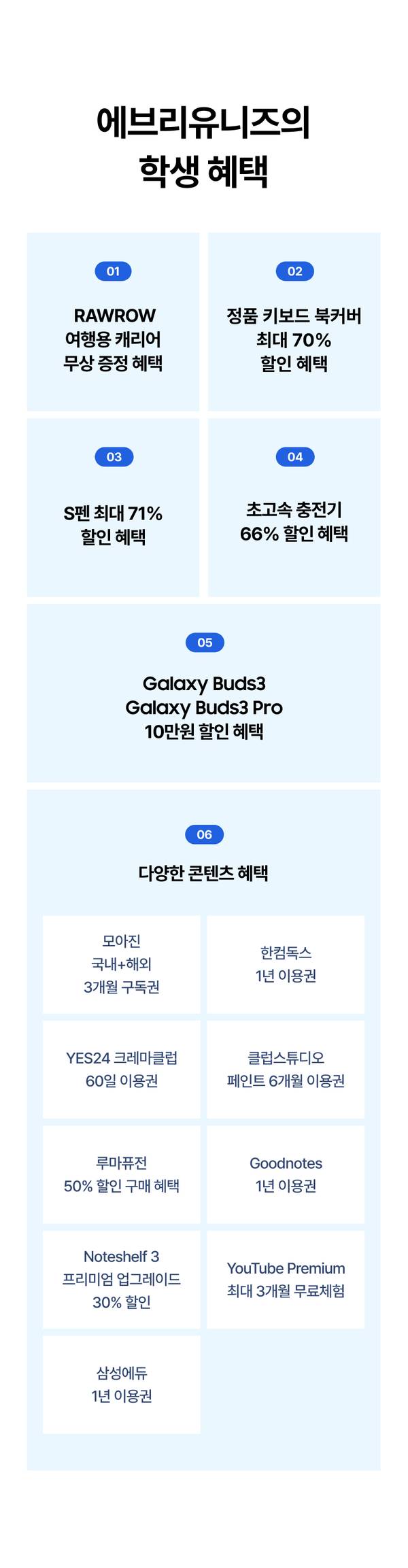 에브리유니즈 학생 혜택 안내로 태블릿 악세서리 할인과 구독 서비스 이용권을 제공.