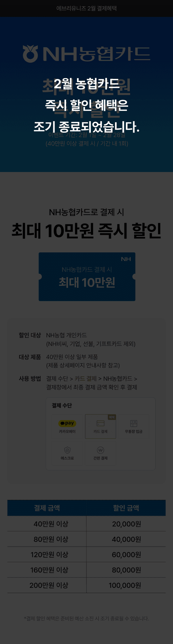 NH농협카드 2월 즉시 할인 혜택 안내 및 결제 금액별 할인액 비교표