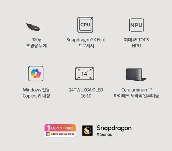 ASUS Zenbook A14의 주요 사양을 안내하는 그래픽으로 980g 초경량 무게, Snapdragon X Elite 프로세서, 45 TOPS NPU, Windows Copilot 탑재, 14인치 WUXGA OLED