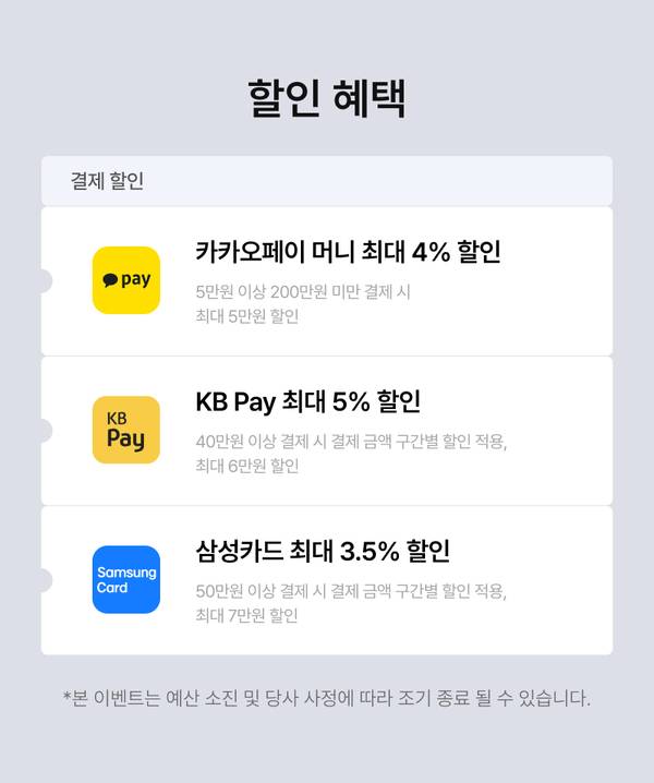 결제 할인 혜택으로 카카오페이 머니 최대 4%, KB Pay 최대 5%, 삼성카드 최대 3.5% 할인 안내