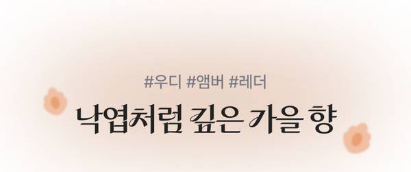 가을향기 향수 상품들을 소개하는 배너로 우디, 앰버, 윈더 향료의 깊고 따뜻한 향을 표현.