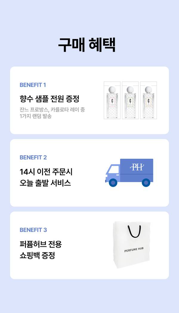 구매 혜택으로 향수 샘플 전원 증정, 14시 이전 주문시 당일 배송, 전용 쇼핑백 제공을 안내하는 배너