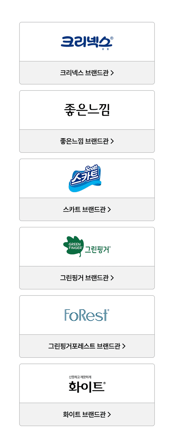 유한킴벌리 브랜드 위크 행사의 크리넥스, 좋은느낌, 스카트, 그린핑거, 포레스트, 화이트 브랜드관으로 이동하는 메뉴