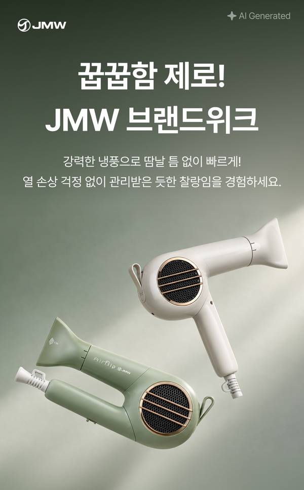 JMW 브랜드 드라이어와 스타일링 기기 4종을 소개하는 배너