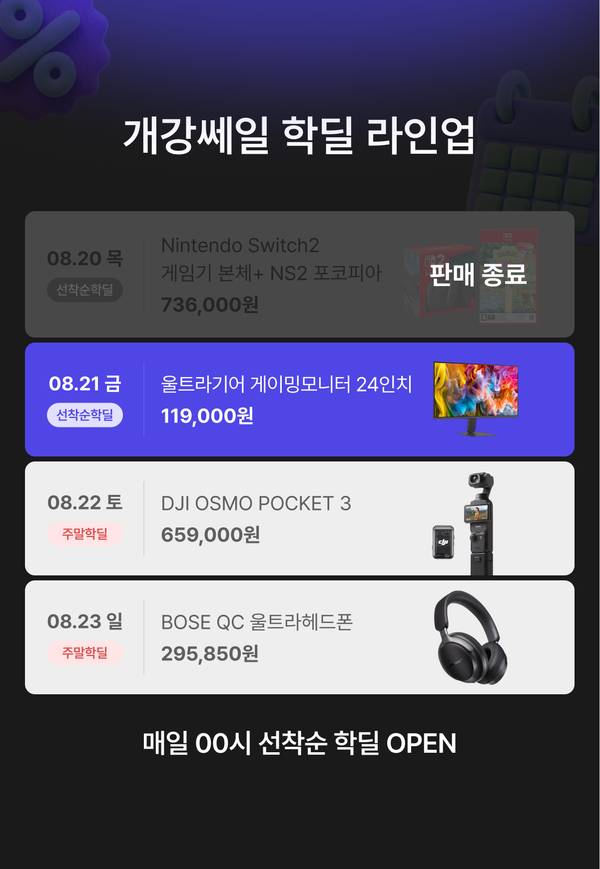 선착순 핫딜 라인업. 26년 8월 18일 캐논 EOS R50 미러리스 카메라, 8월 19일 소니 WH-1000XM6, 8월 20일 닌텐도 스위치2 본체와 포켓몬 포코피아를 매일 0시에 선착순 특가로 판매합니다.