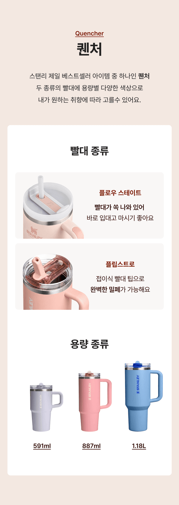 스탠리 퀜처 텀블러 빨대 종류와 용량별(591ml·887ml·1.18L) 소개