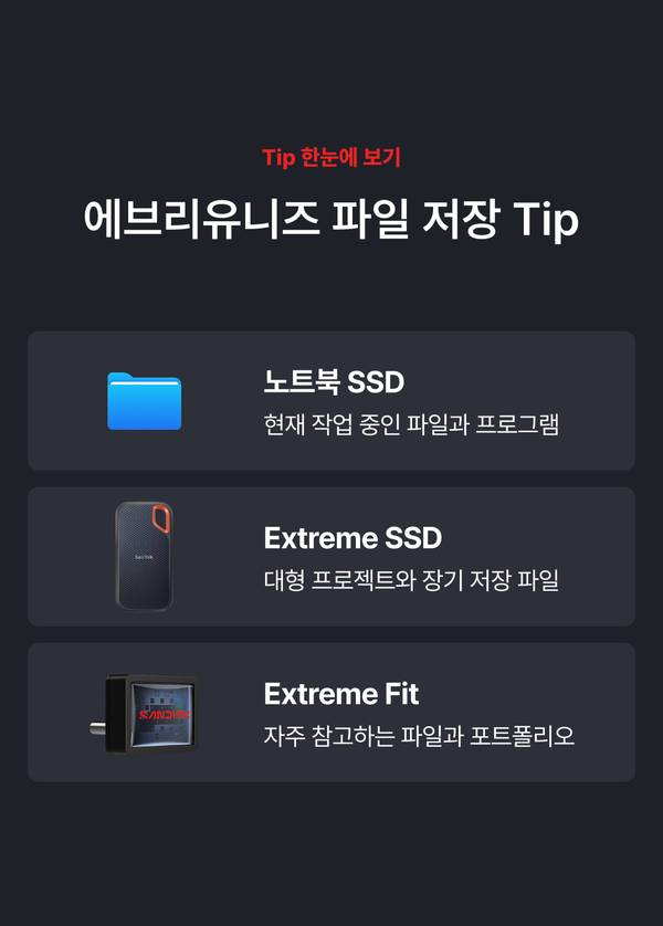 에브리유니즈 파일 저장 Tip 한눈에 보기, 노트북 SSD·Extreme SSD·Extreme Fit 용도 정리
