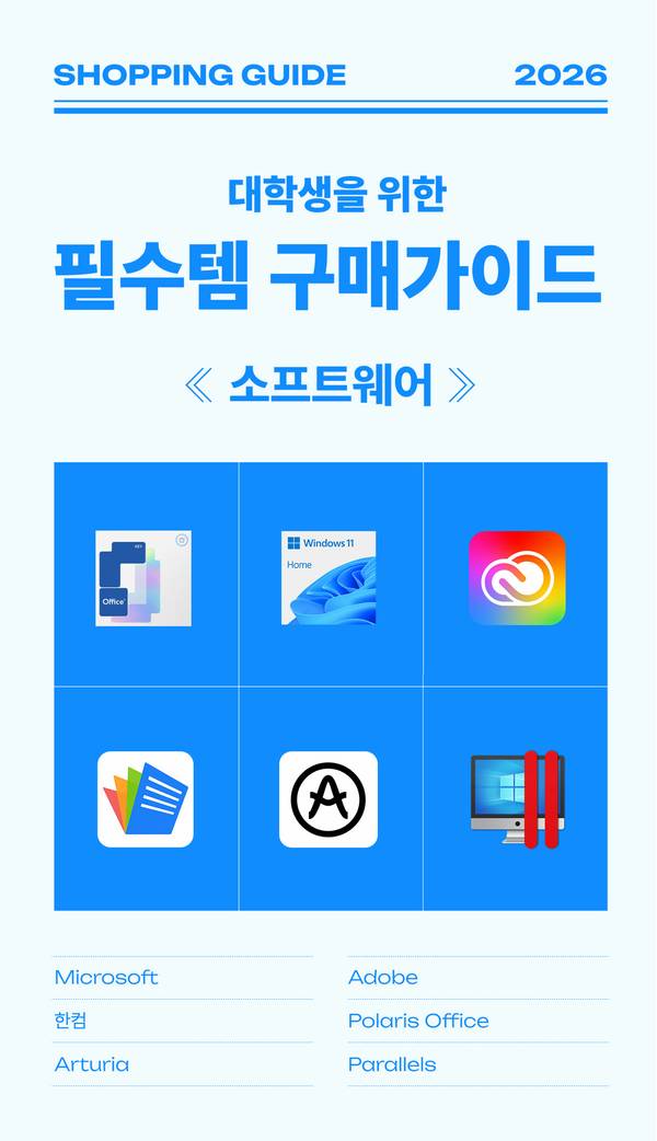 대학생활 필수 소프트웨어를 소개하는 2026 쇼핑가이드로, Microsoft, Adobe, 한컴, Polaris Office, Arturia, Parallels 제품 목록 안내.
