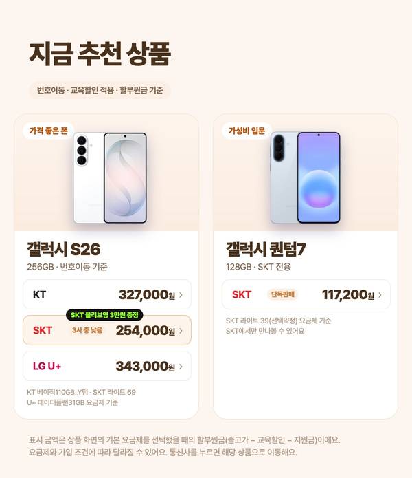 지금 추천 상품 갤럭시 S26 통신사별 할부원금, 갤럭시 퀀텀7 SKT 단독판매