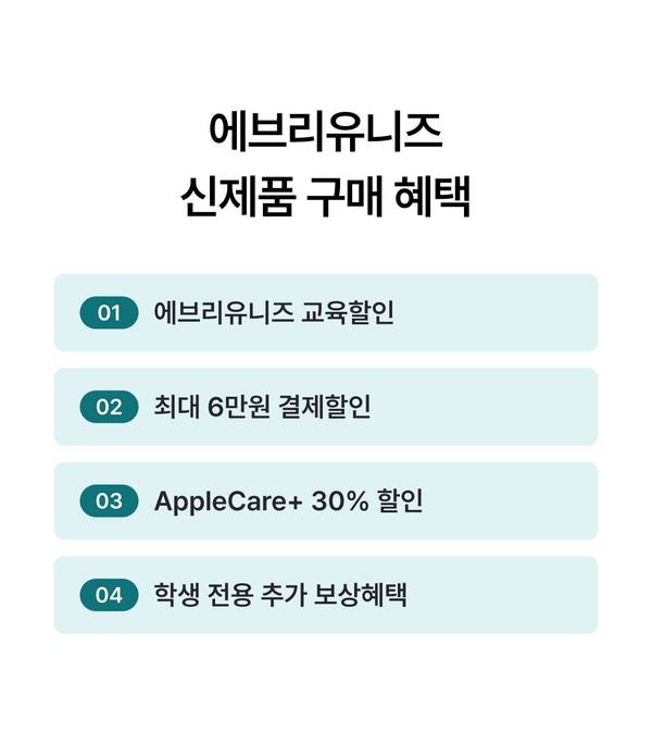 에브리유니즈 신제품 구매 혜택: 에브리유니즈 교육할인, 최대 6만원 결제할인, AppleCare+ 30% 할인, 학생 전용 추가 보상혜택
