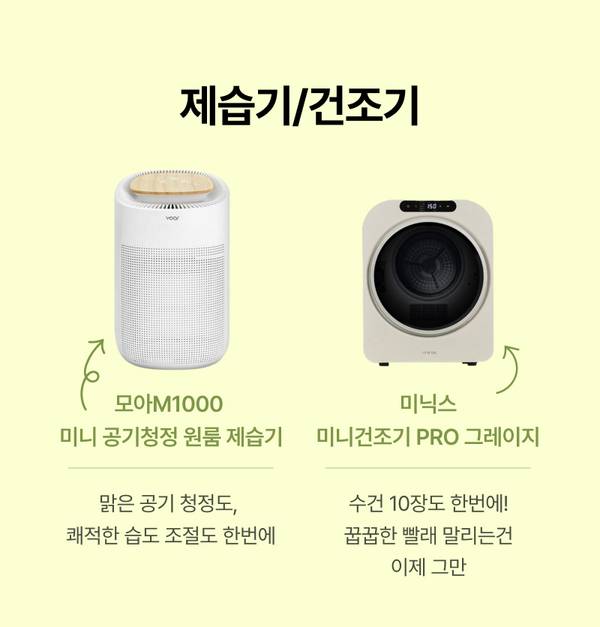 제습기와 건조기 두 가지 소형 가전을 소개하는 배너. 보아르 모아M1000 제습기와 미닉스 미니건조기 PRO 그레이지의 특징 설명.